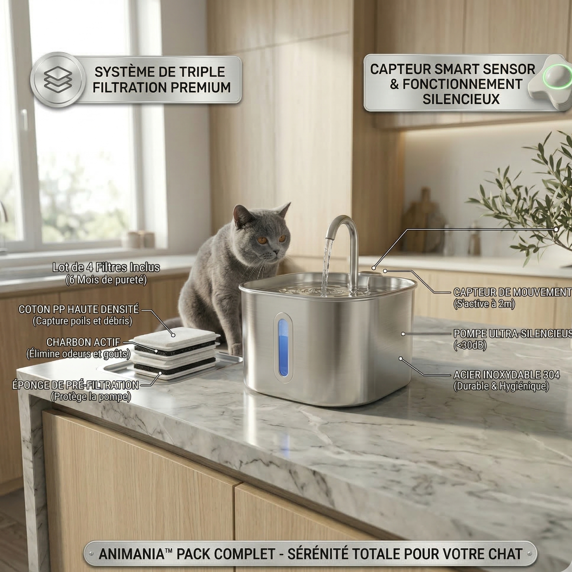 Station d'Hydratation Intelligente Animania™ — Pack Complet Inox & Sensor